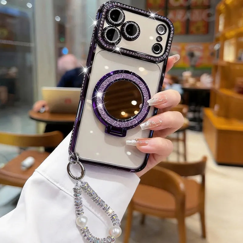 ✨💎Sparkling Diamond Women's Phone Case with Mirror & Stand for iPhone 12/13/14/15/16/17 Pro Max,17Air,14/15/16 Plus💖