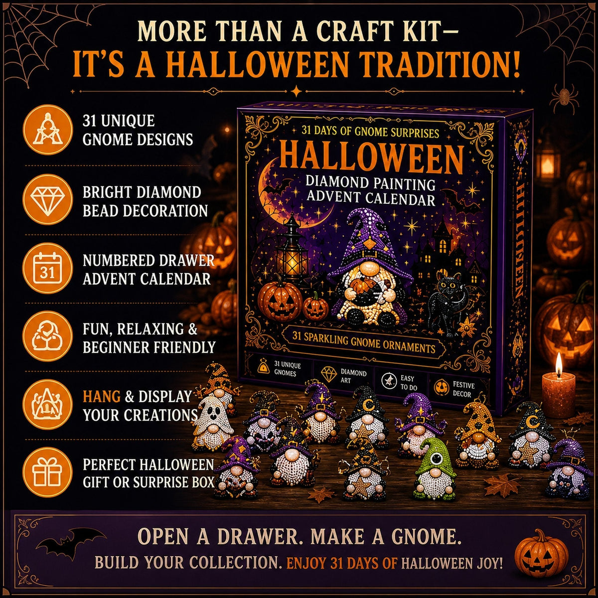 🔥HOT SALE 50% OFF - 🎃✨ 31 Days of Gnome Surprises Halloween Diamond Painting Advent Calendar