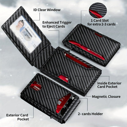 Minimalist Men's Slim Wallet: 9 - 13 Cards, Money Clip, ID Window. RFID - Blocking, Aluminum Bifold Pop - Up