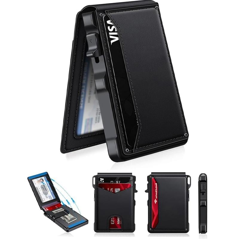 Minimalist Men's Slim Wallet: 9 - 13 Cards, Money Clip, ID Window. RFID - Blocking, Aluminum Bifold Pop - Up