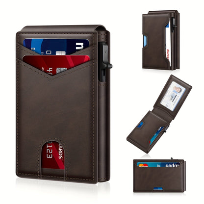 Minimalist Men's Slim Wallet: 9 - 13 Cards, Money Clip, ID Window. RFID - Blocking, Aluminum Bifold Pop - Up