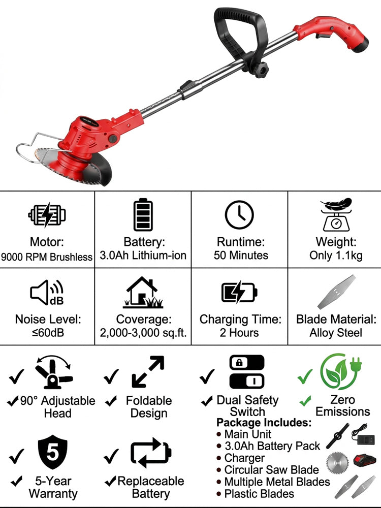 🌿 Lightweight Cordless Grass Trimmer – Quiet 9000 RPM Lawn Care Tool